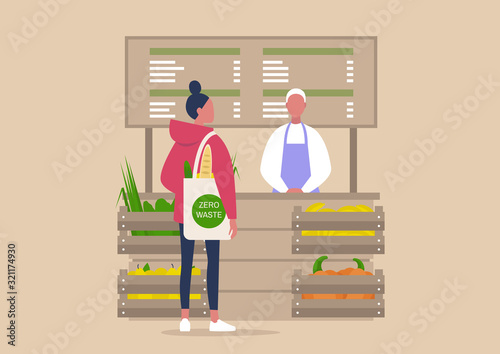 Farmer's market, young female character buying organic vegetables and fruits, millennial lifestyle, zero waste concept, reusable eco friendly shopper bag