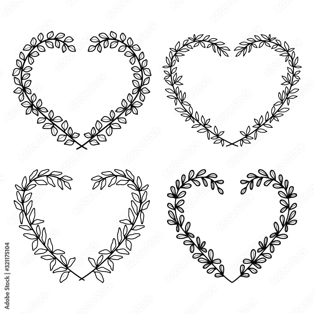 Beautiful set of hand drawn floral heart elements, leaf and branch for frame, border, ornament, greeting card design, engagement, or wedding invitation