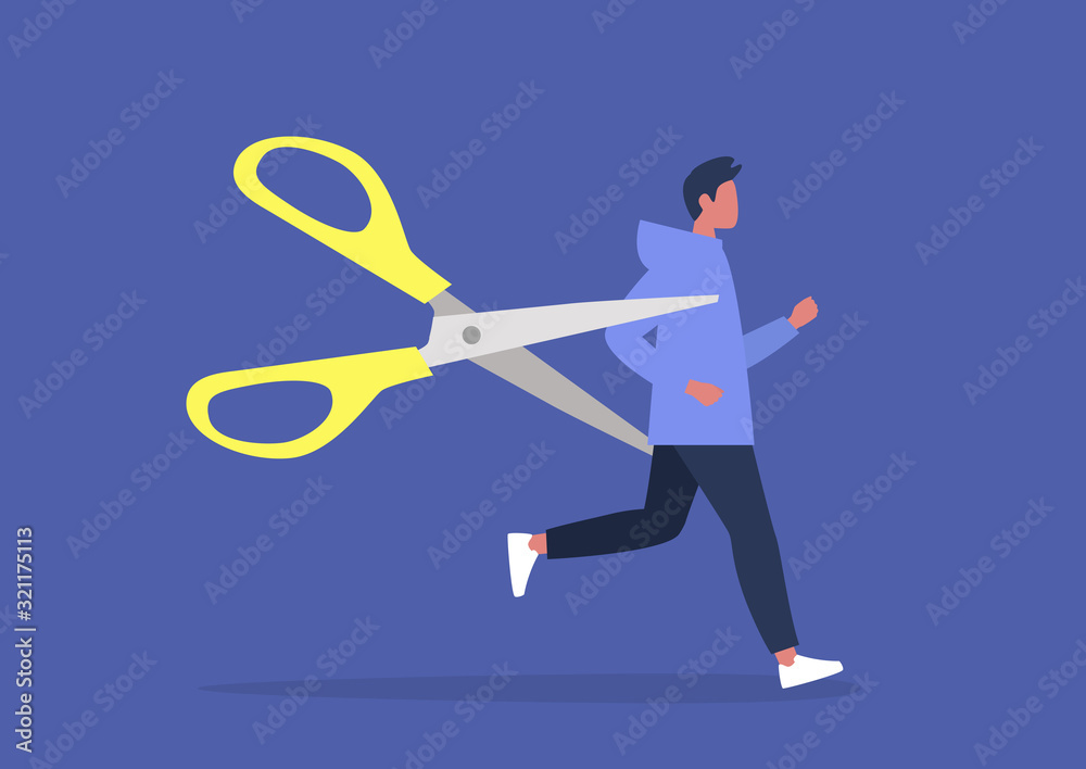 Fototapeta premium Young character escaping from the office reduction, HR, scared manager haunted by huge scissors