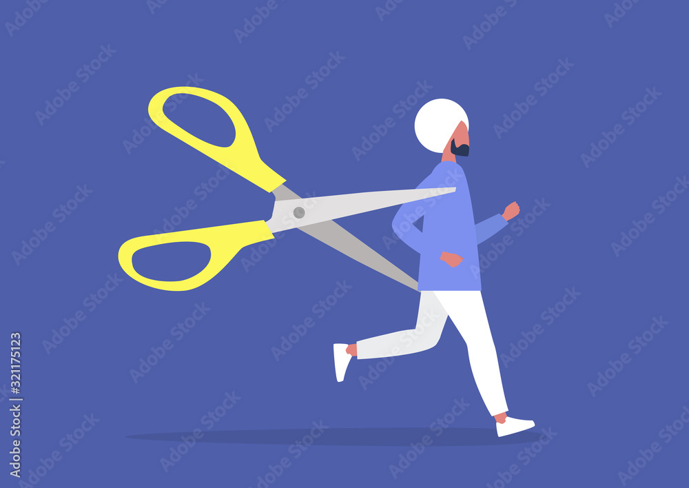 Young indian male character escaping from the office reduction, HR, scared manager haunted by huge scissors Young indian male character escaping from the office reduction, HR, scared manager haunted by huge scissors