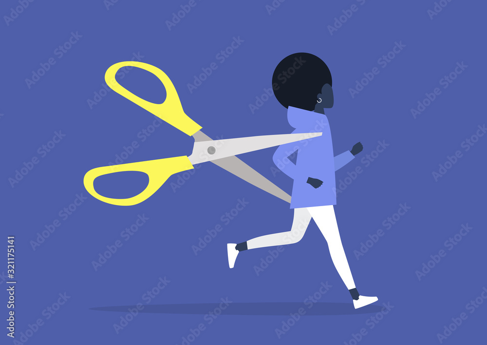 Young black female character escaping from the office reduction, HR, scared manager haunted by huge scissors Young black female character escaping from the office reduction, HR, scared manager haunted by huge scissors
