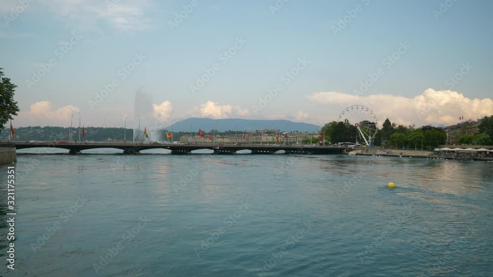 geneva city sunny day lakeside central river traffic bridge panorama 4k switzerland geneva city sunny day lakeside central river traffic bridge panorama 4k switzerland