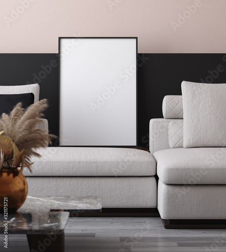Obraz na płótnie Mockup poster in minimalist modern living room interior background, 3D render
