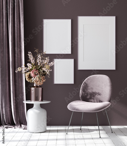 Plakat Mockup poster in dark violet monochrome modern living room interior background, 3D render