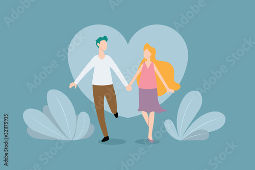 Beautiful romantic young couple in love. Walking with heart background.