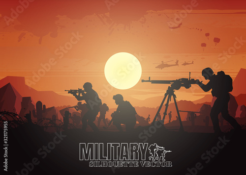 Military vector illustration, Army background, soldiers silhouettes.