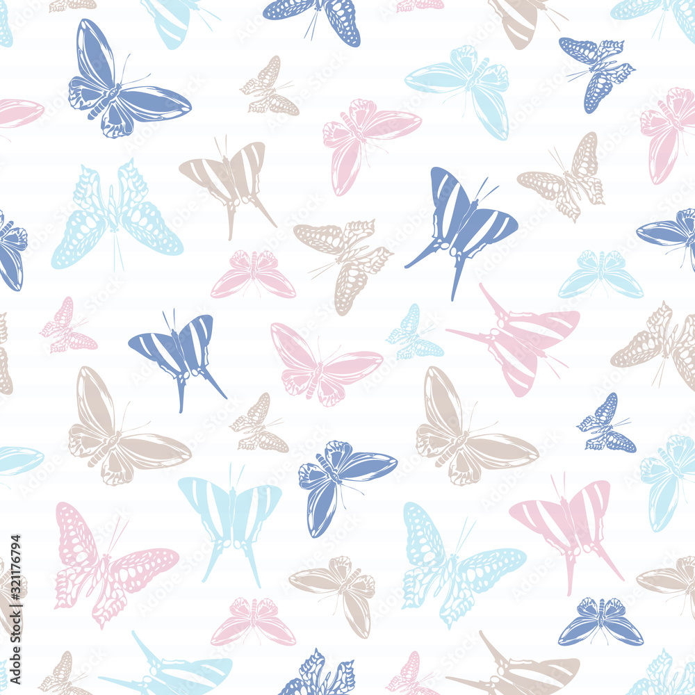 Flying butterfly silhouettes over striped background vector seamless pattern.