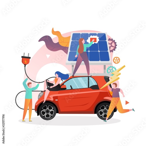 Solar powered electric car charging station, vector illustration