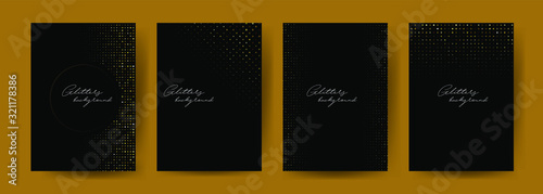 Invitation letters template with gold glitter confetti background.