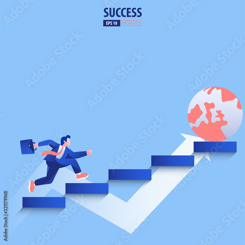 Businessman climbs the stair to achieve world success concept. Vector illustration