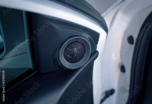 High-frequency tweeter speaker of a car with installed in a car door panel,Automotive part concept. © BLKstudio