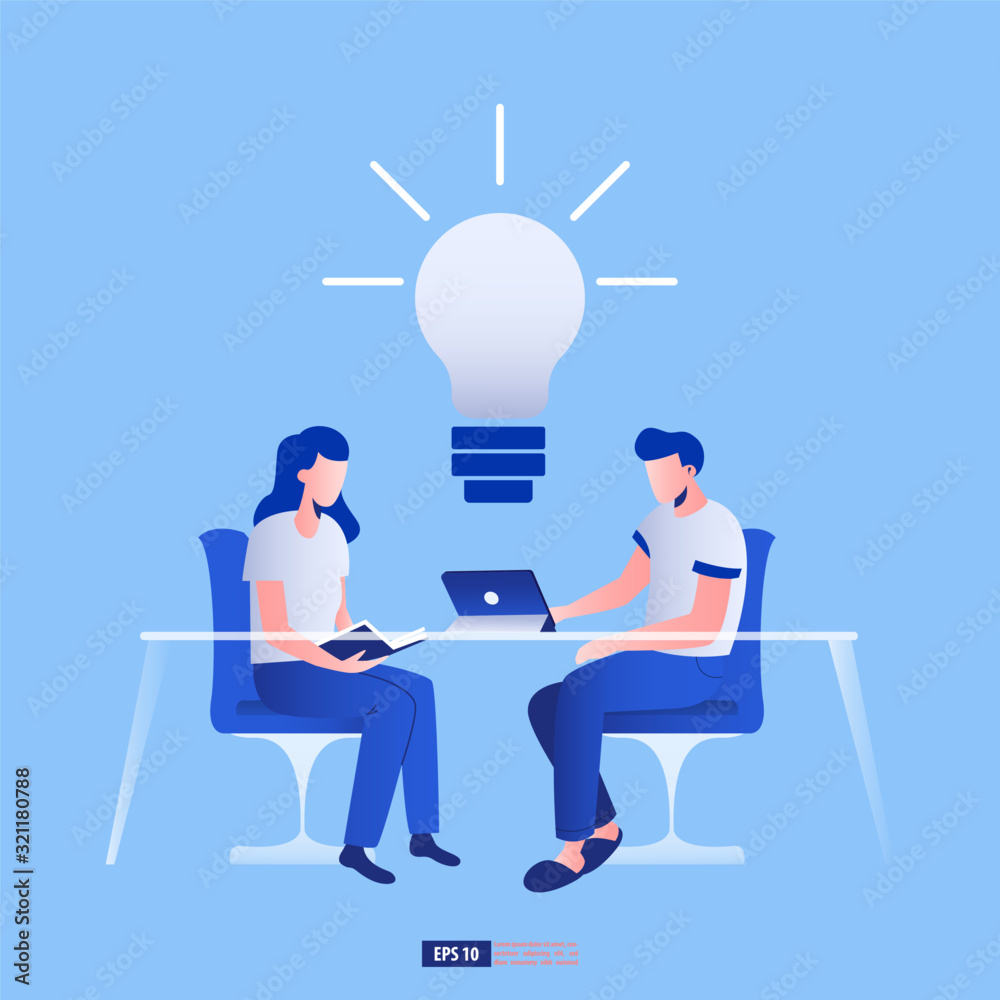 Teamwork and development concept. Woman and man brainstorming to get ideas. Vector illustration