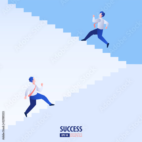 Business startup concept. Businessman running the stairs up to be success. vector illustration