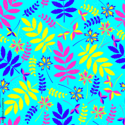 blue  pink and yellow leaves. seamless pattern
