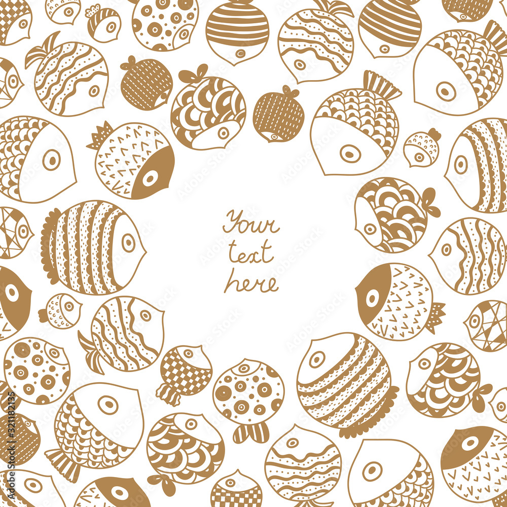 Cute gold fish card. Sea motif. Cute gold fish card. Sea motif.