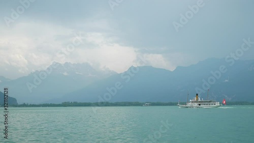 day time montreux city famous geneva lake famous ferry boat traffic slow motion panorama 4k switzerland