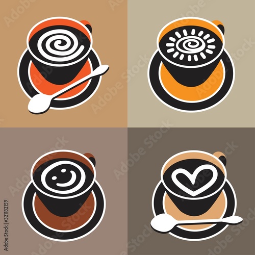 a cup of coffee with frothy. four options. geometric shapes. vector illustration. EPS 8.