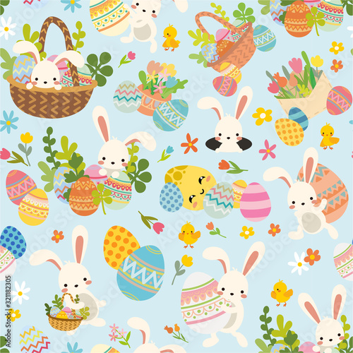 Seamless easter pattern with white bunny, rabbit with decorative ornamental eggs and spring bright flowers. Blue background