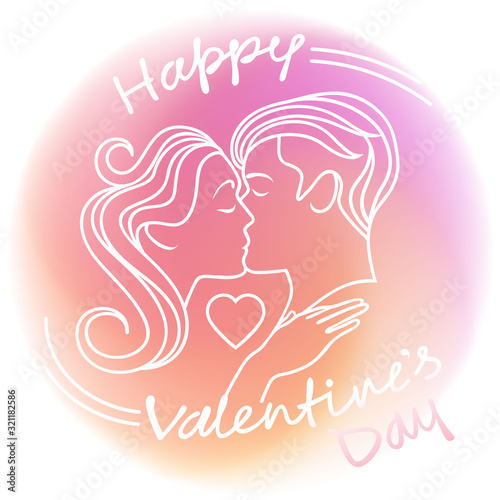 a linear pattern. the girl kisses the young man. white outline on a pink blurred background.  		happy Valentine's day inscription. vector illustration. EPS 10.