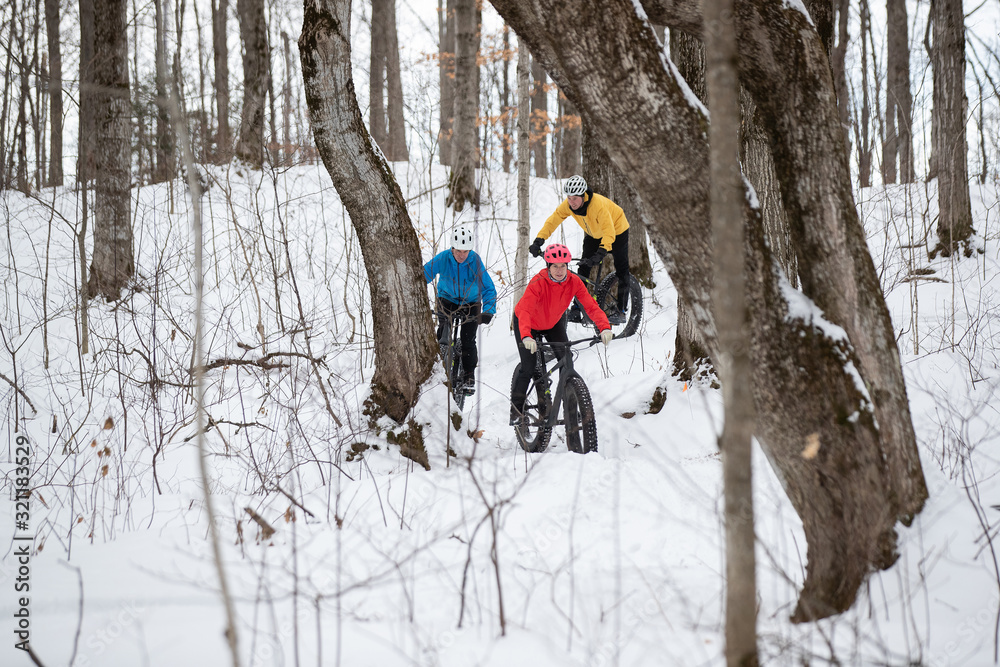 Group of friends riding their fat bike in the snow in Ontario, Canada