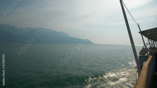 sunny evening montreux city geneva lake famous ferry road trip backside pov panorama 4k switzerland