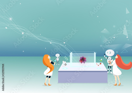 Medical healthcare, pathogen, microbiologist and robot, research laboratory idea creative science concept vector illustration