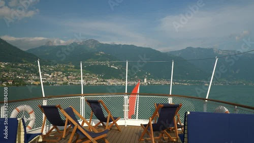 sunny evening montreux city geneva lake famous ferry backside boat place road trip pov panorama 4k switzerland