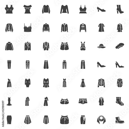 Women s clothing vector icons set  modern solid symbol collection  ladieswear filled style pictogram pack. Signs  logo illustration. Set includes icons as elegant dress  luxury shoes  skirt  blouse