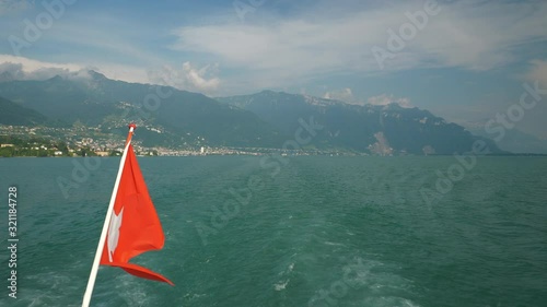 sunny day montreux city geneva lake famous ferry road trip backside pov panorama 4k switzerland