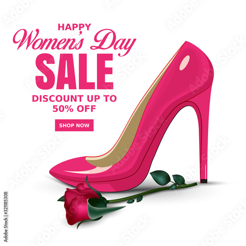 Ladies high heel sandal, isolated with shadows on a white background, sample text March 08 International Womens Day