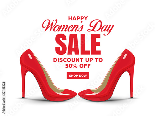Ladies high heel sandal, isolated with shadows on a white background, sample text March 08 International Womens Day