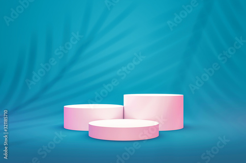 Canvas Print White podium shelf or empty pedestal display on vivid aqua summer background with palm leaf pattern