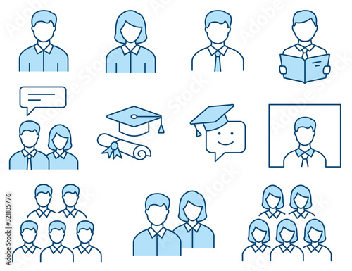 Students flat line icon set. Vector illustration. Editable stroke.