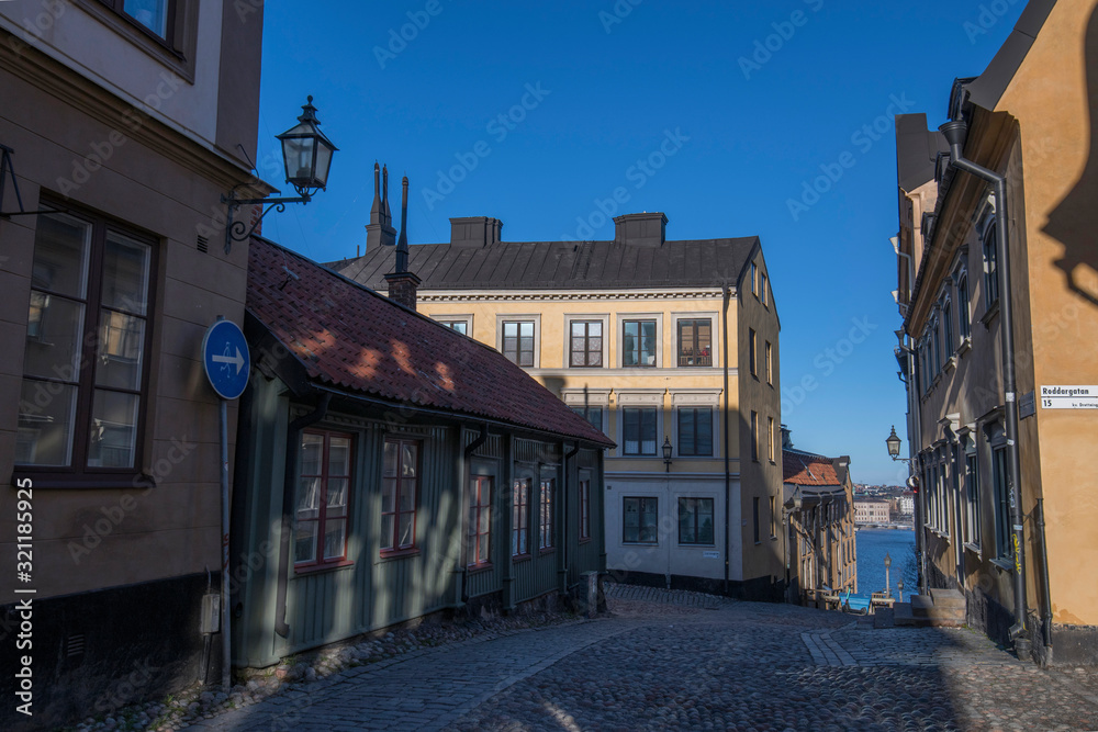 Old houses in the parish of Katarina in the district of Södermalm a sunny winter afternoon.