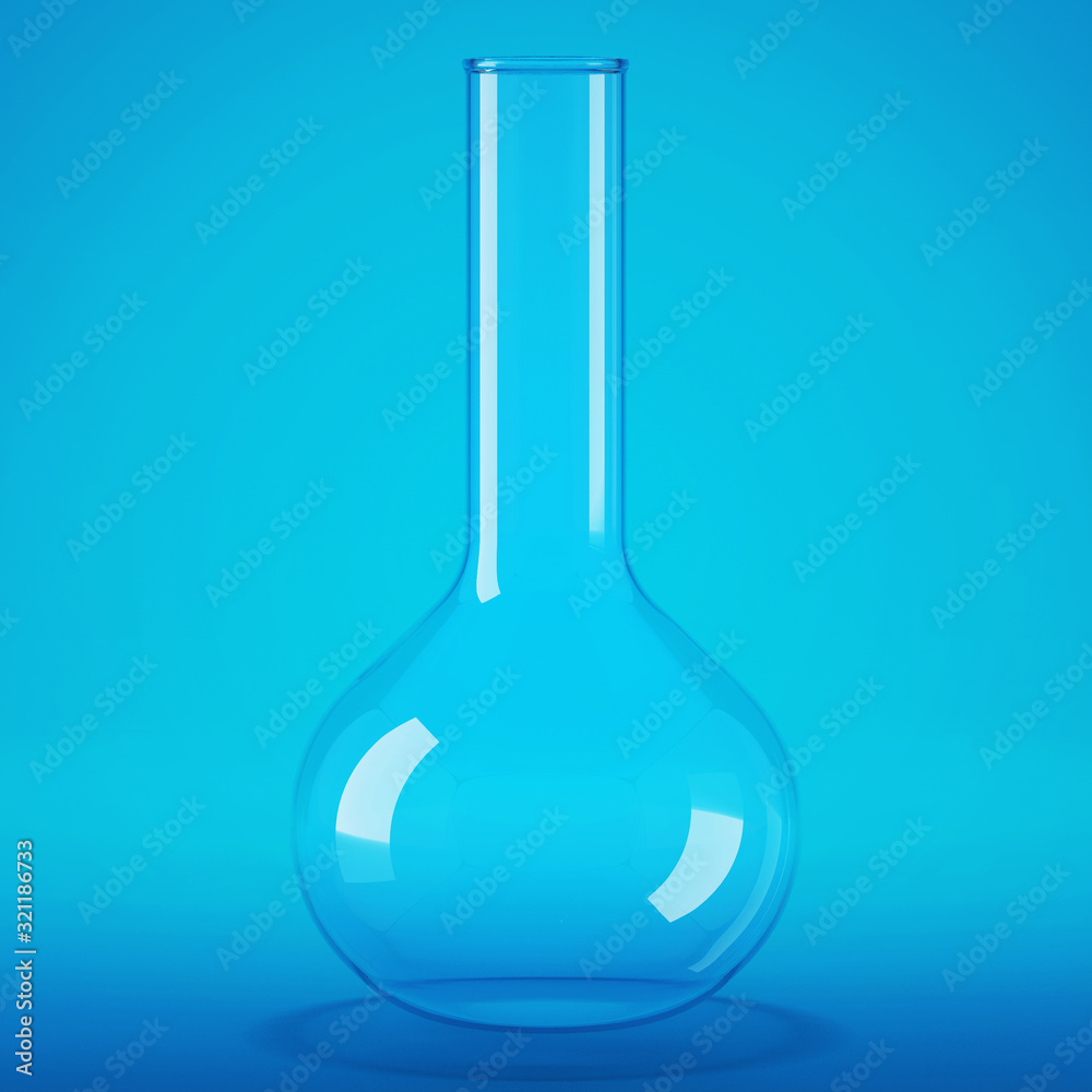Transparent glass laboratory flask. Flask blue background. 3D rendering. Transparent glass laboratory flask. Flask blue background. 3D rendering.