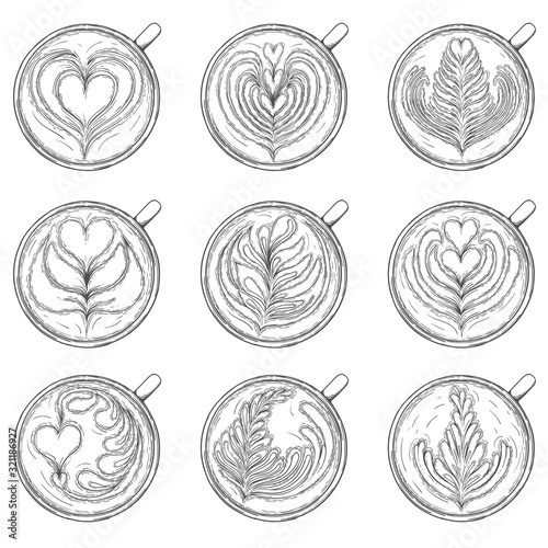 Latte art collection. Cups of coffee with foam pattern top view isolated on a white background. Vector illustration
