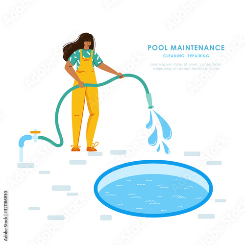 Swimming pool maintenance or cleaning service, young girl in uniform fills the swimming pool with hose water, worker with equipment - flat vector for website, landing, banner or company advertising