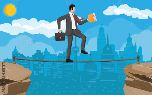 Businessman in suit walking on rope with suitcase and folder. Business man walking on tightrope gap. Obstacle on road, financial crisis. Risk management challenge. Vector illustration in flat style