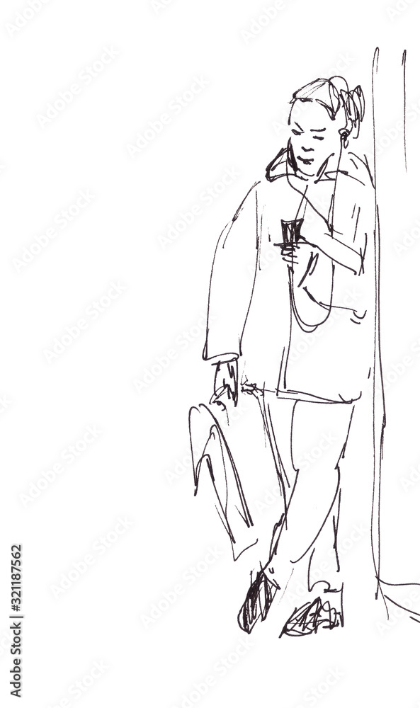 Graphic black and white drawing of a standing woman with a phone