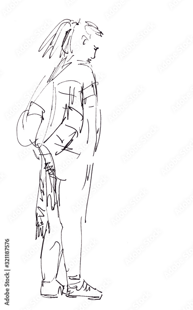 Graphic black and white drawing of a standing girl with a backpack