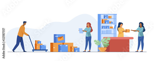 Postman giving parcel to customer in post office. Courier removing boxes from handcart. Vector illustration for shipping, delivery, logistic service concept