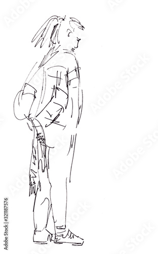 Graphic black and white drawing of a standing girl with a backpack