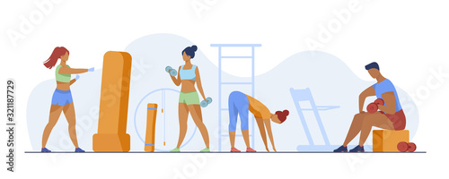 People in fitness club. Men and women training bodies, weight lifting, stretching muscles in gym. Vector illustration for sport, exercising, active lifestyle concept