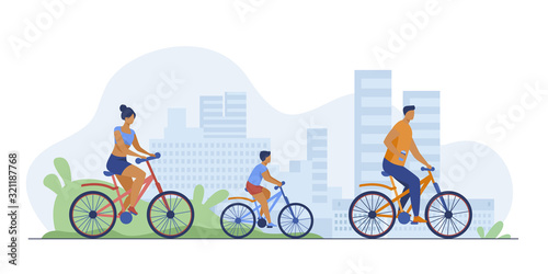 Family weekend outdoors. Man, woman, boy riding bikes in park. Parent couple cycling with son. Vector illustration for summer activity, leisure, recreation concept