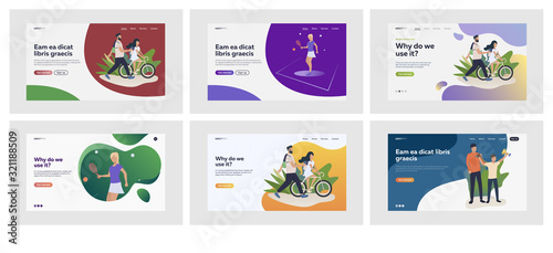 Set of couple riding bicycles together. Flat vector illustrations of people playing tennis and American football. Sport and leisure activities concept for banner, website design or landing web page