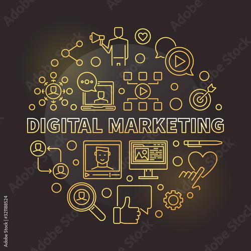 Digital Marketing vector round concept golden outline illustration on dark background