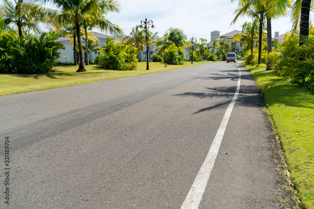 Road in vacation resort with green trees, grass and early sunlight Road in vacation resort with green trees, grass and early sunlight