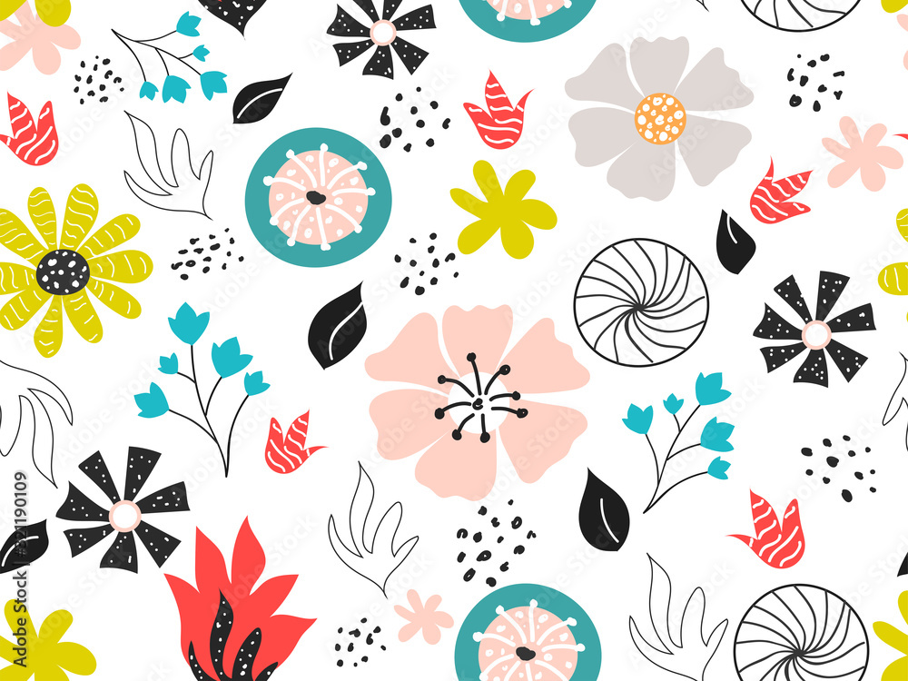 Artwork Flowers with Leaves Decorated Seamless White Background.
