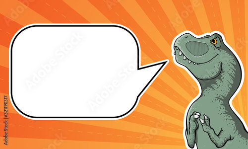 Vector background with hand drawn illustration of tyrannosaur in comix style with palce for text. Cute colorful t-rex in cartoons style with cope space