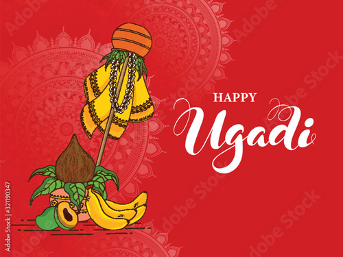 Happy Ugadi Celebration Concept with Traditional Gudhi, Fruits and Worship Pot (Kalash) on Red Mandala Pattern Background. photo